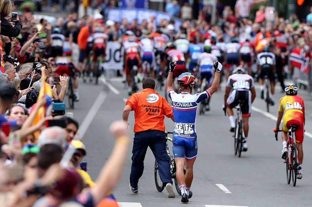 Cycling: Road World Championships 2015 / Men Elite
Arrival / Peter SAGAN (Svk) Celebration Joie Vreugde /
Richmond - Richmond (261,4Km)/
Hommes Mannen / Championat du Monde Route / Wereldkampioenschap Weg WC /&Acirc;&copy;Tim De Waele
