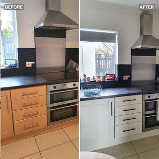 before and after image of kitchen makeover with tiled flooring