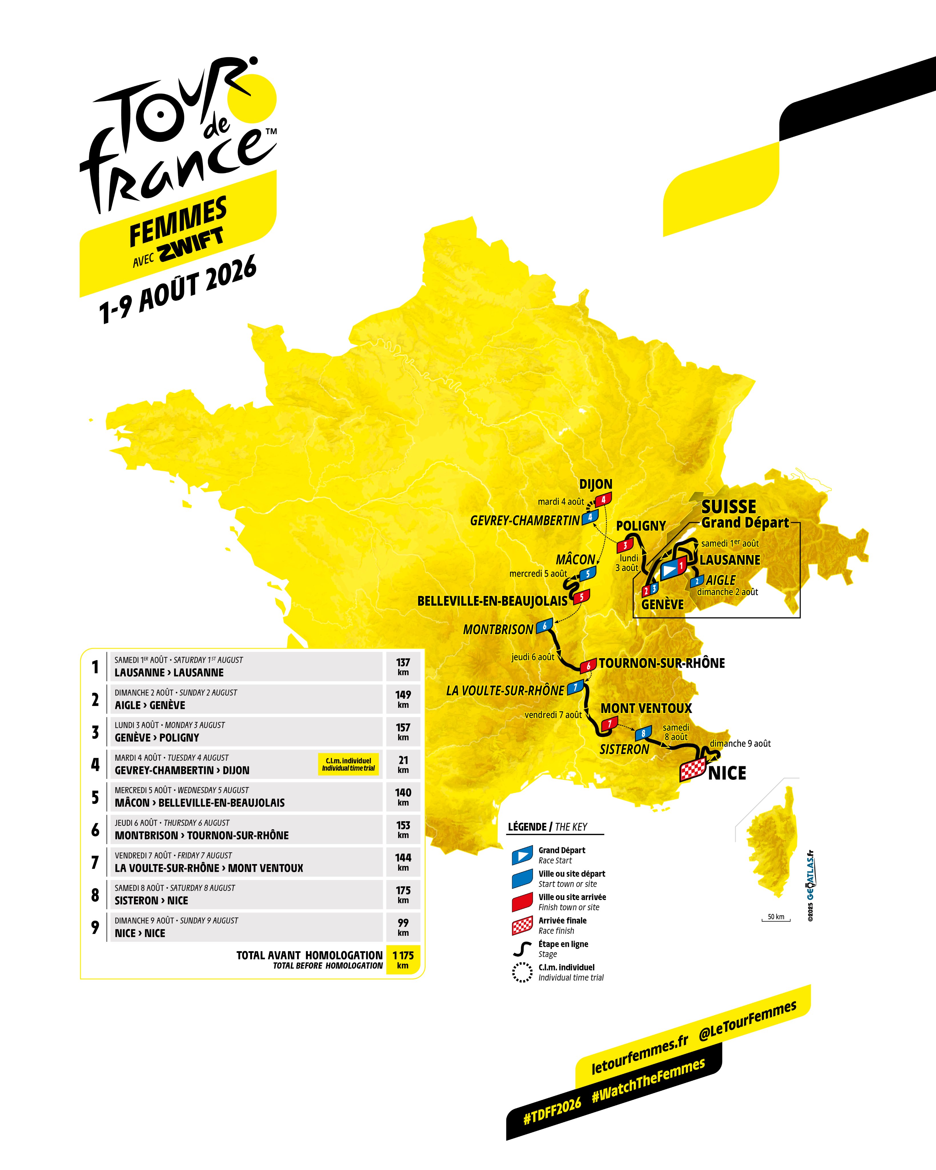The 2026 route for the Tour de France Femmes avec Zwift