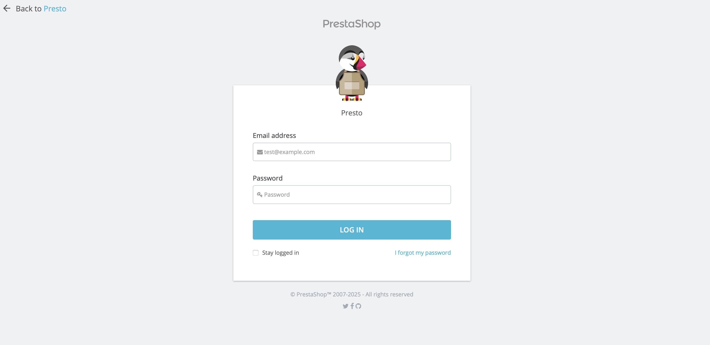 PrestaShop login page