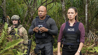 Sam Hanna (LL Cool J), holding a pair of binoculars, and Jane Tennant (Vanessa Lachey) stand side-by-side in a forest, scanning the horizon in NCIS Hawaii season 3