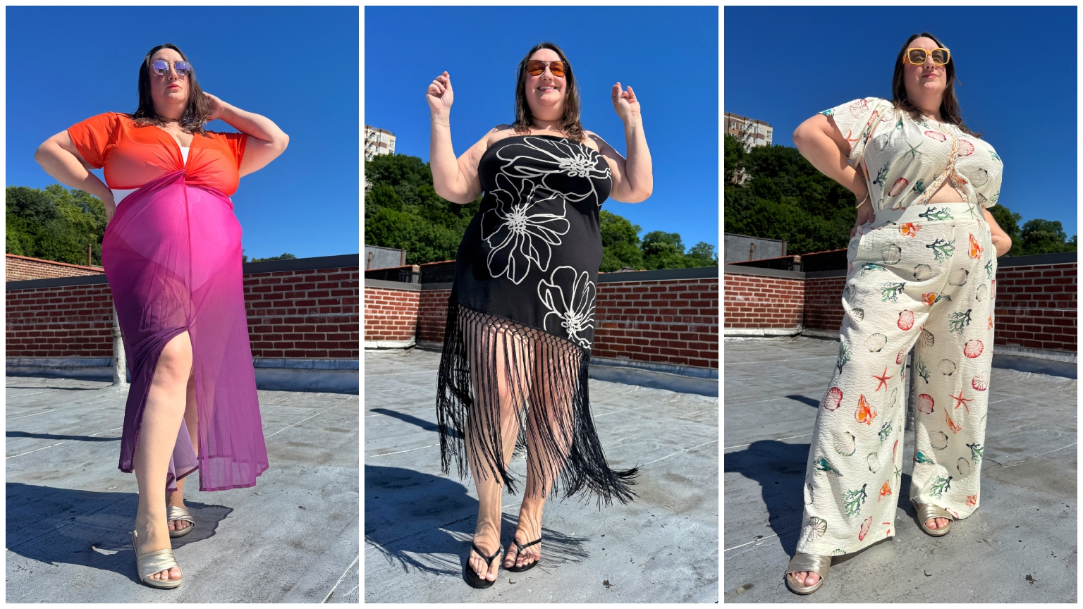 split image of Sarah Chiwaya wearing vacation outfits 
