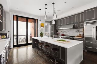 modern grey marble kitchen in the New York home of Neil Patrick Harris