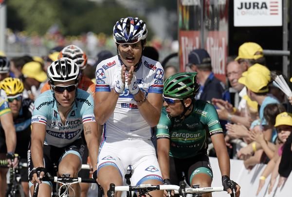 FDJ-Big Mat's Arthur Vichot celebrates the win of his teammate Thibaut Pinot on stage 8 of the Tour de France
