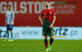 Diogo Jota of Portugal reaction after missing a goal opportunity during the UEFA Nations League - League Path Group 2 match between Portugal and Spain at Estadio Municipal de Braga on September 27, 2022 in Braga, Portugal.