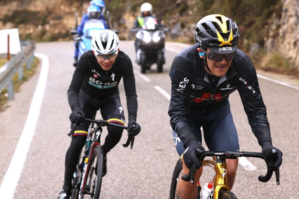 CAMBRILS SPAIN MARCH 26 LR Sergio Andres Higuita Garcia of Colombia and Team Bora Hansgrohe and Richard Carapaz of Ecuador and Team INEOS Grenadiers compete in the breakaway during the 101st Volta Ciclista a Catalunya 2022 Stage 6 a 1685km stage from Costa Daurada SalouCambrils to Costa Daurada SalouCambrils VoltaCatalunya101 WorldTour on March 26 2022 in Cambrils Spain Photo by Gonzalo Arroyo MorenoGetty Images