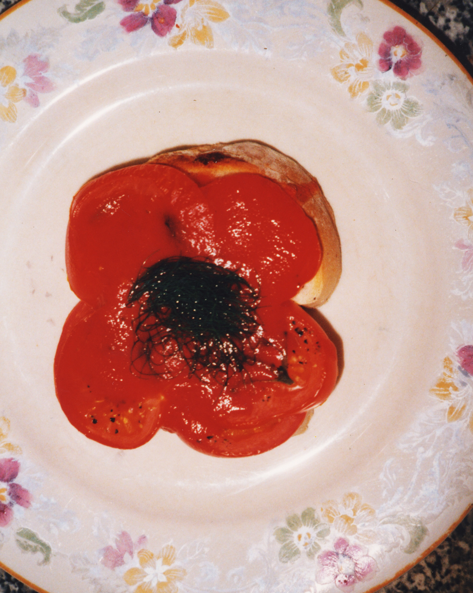 Colour photograph looking down on a floral-patterned plate holding grilled tomatoes on toast, garnished with dark herbs, against toast.