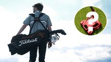 A golfer carrying their bag and a overlay of a putter with a question mark