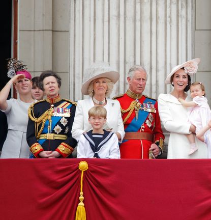 Zara Tindall, Princess Anne, Queen Camilla, Princess Kate, King Charles, Queen Elizabeth on the balcony at Buckingham Palace in 2016