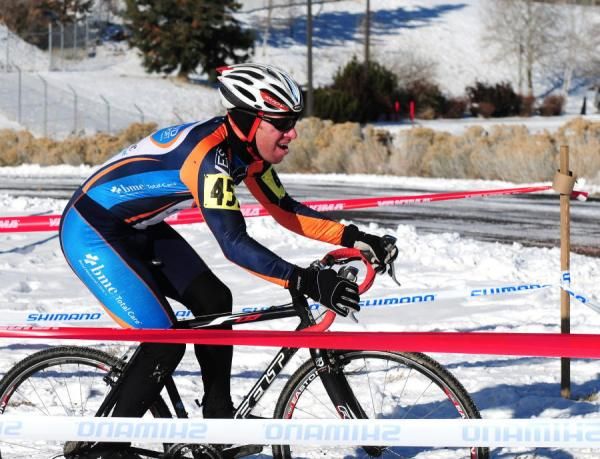 A BMC riders showing how to dress for the cold- ear warmers, insulated gloves, leg warmers.