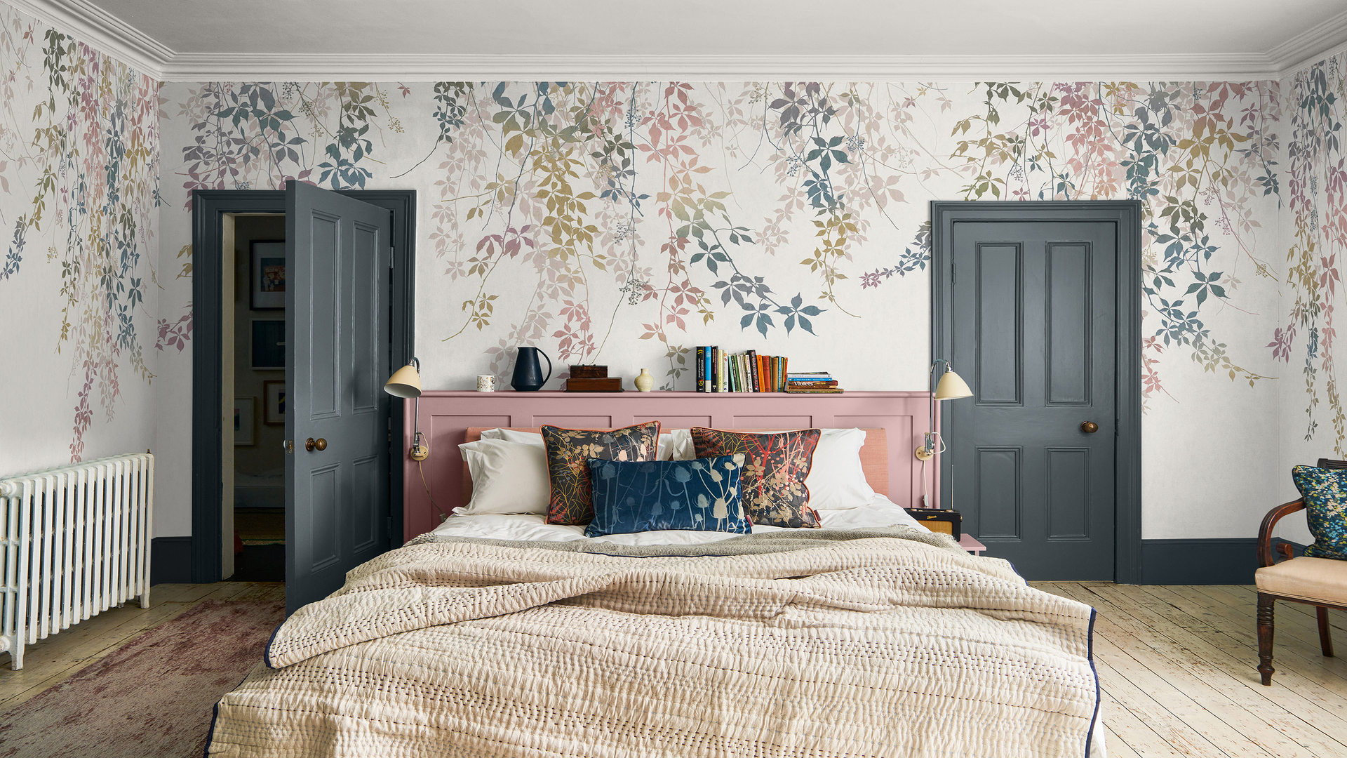 Botanical mural in bedroom