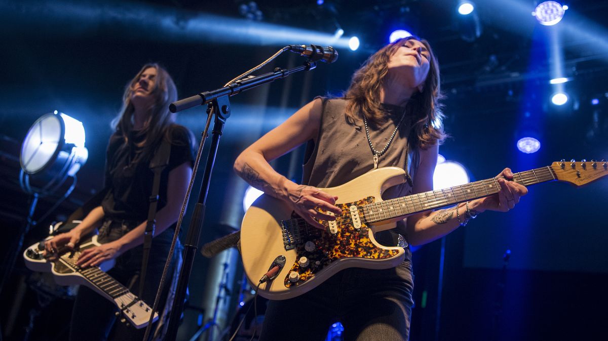 Megan Lovell (left) and Rebecca Lovell of Larkin Poe perform on stage at Sala Apolo on May 14, 2022 in Barcelona, Spain