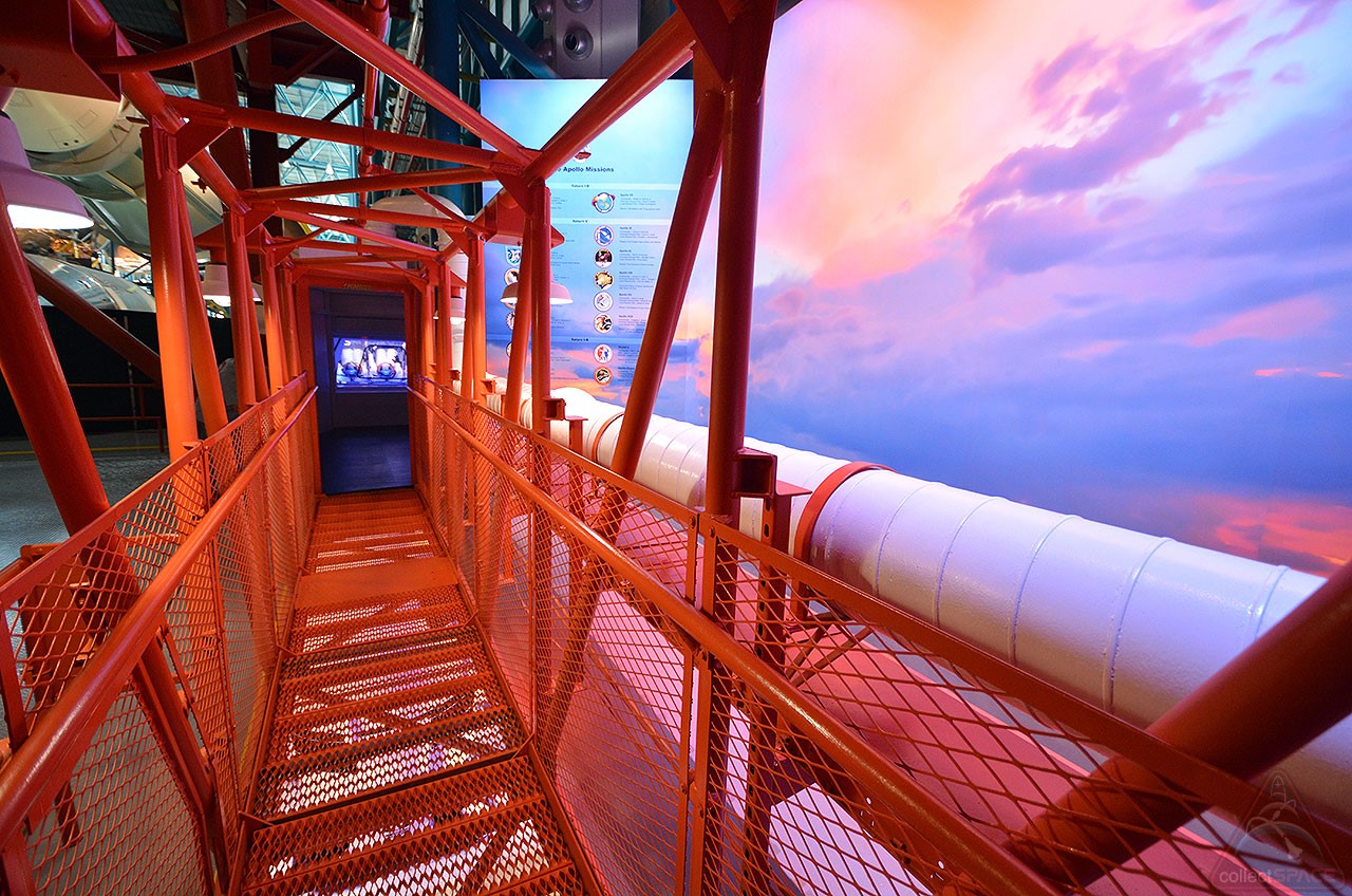 To exit the "Ad Astra Per Aspera" Apollo 1 exhibit at Kennedy Space Center Visitor Complex in Florida, guests take a "Heroes' Walk" across the gantry arm used by the Apollo astronauts.