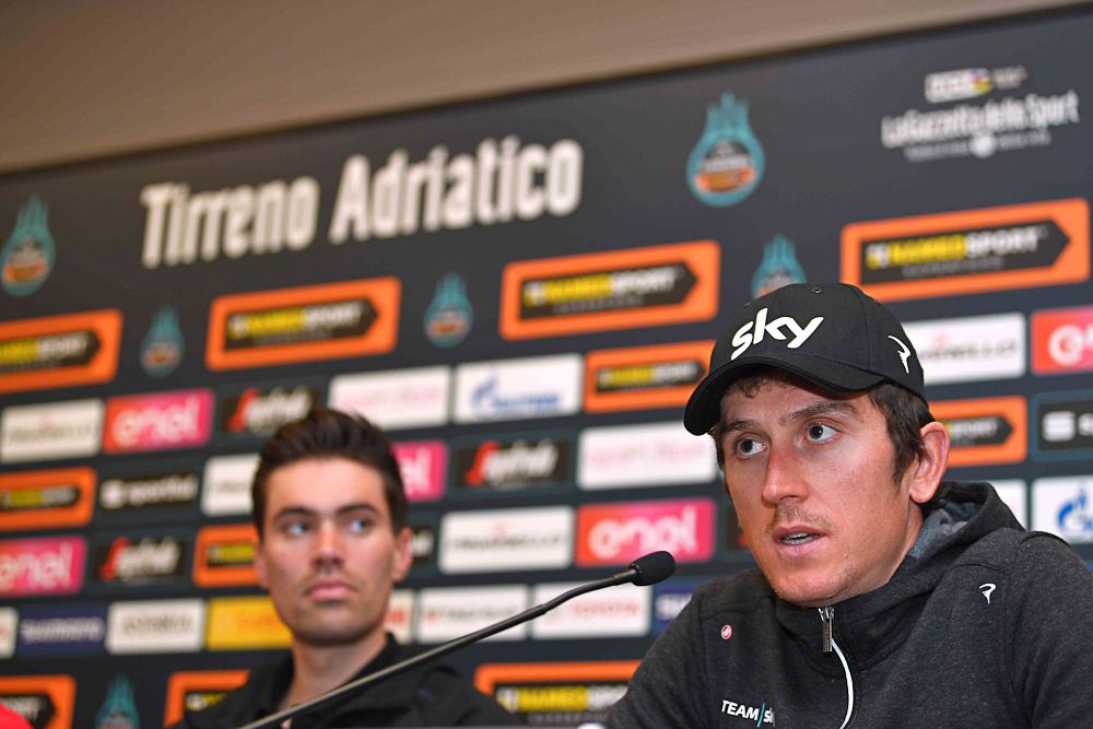 Geraint Thomas answers questions at the Tirreno-Adriatico press conference