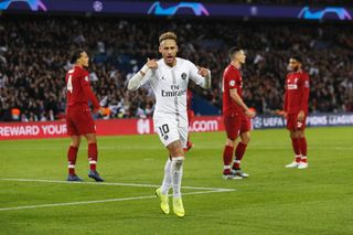 Neymar celebrates after scoring for PSG against Liverpool in the Champions League group match at the Parc des Princes in Paris, November 2018