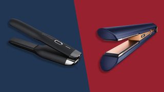 The GHD Unplugged hair straighteners on a blue background on the left-hand side and the Dyson Corrale on a red background to the right-hand side