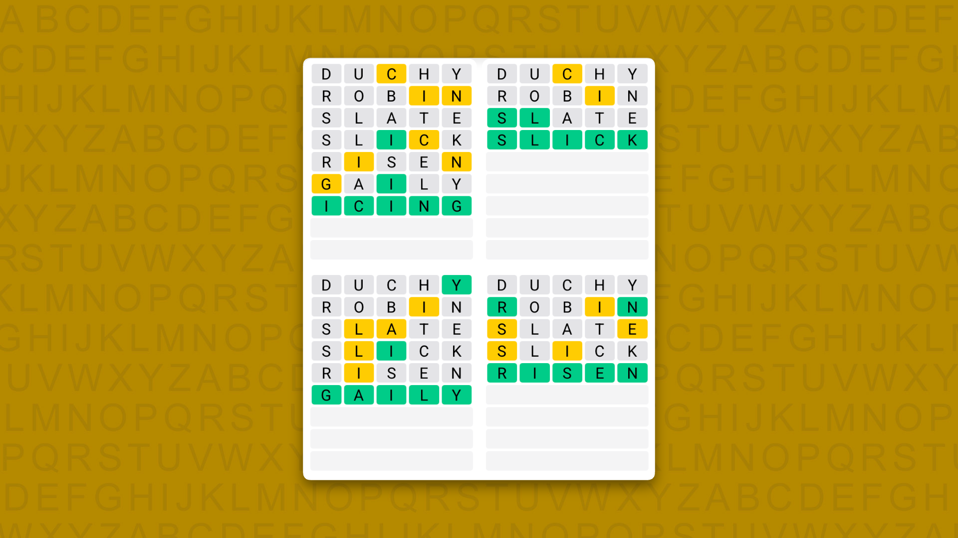 Quordle answers for game 1638 on a yellow background