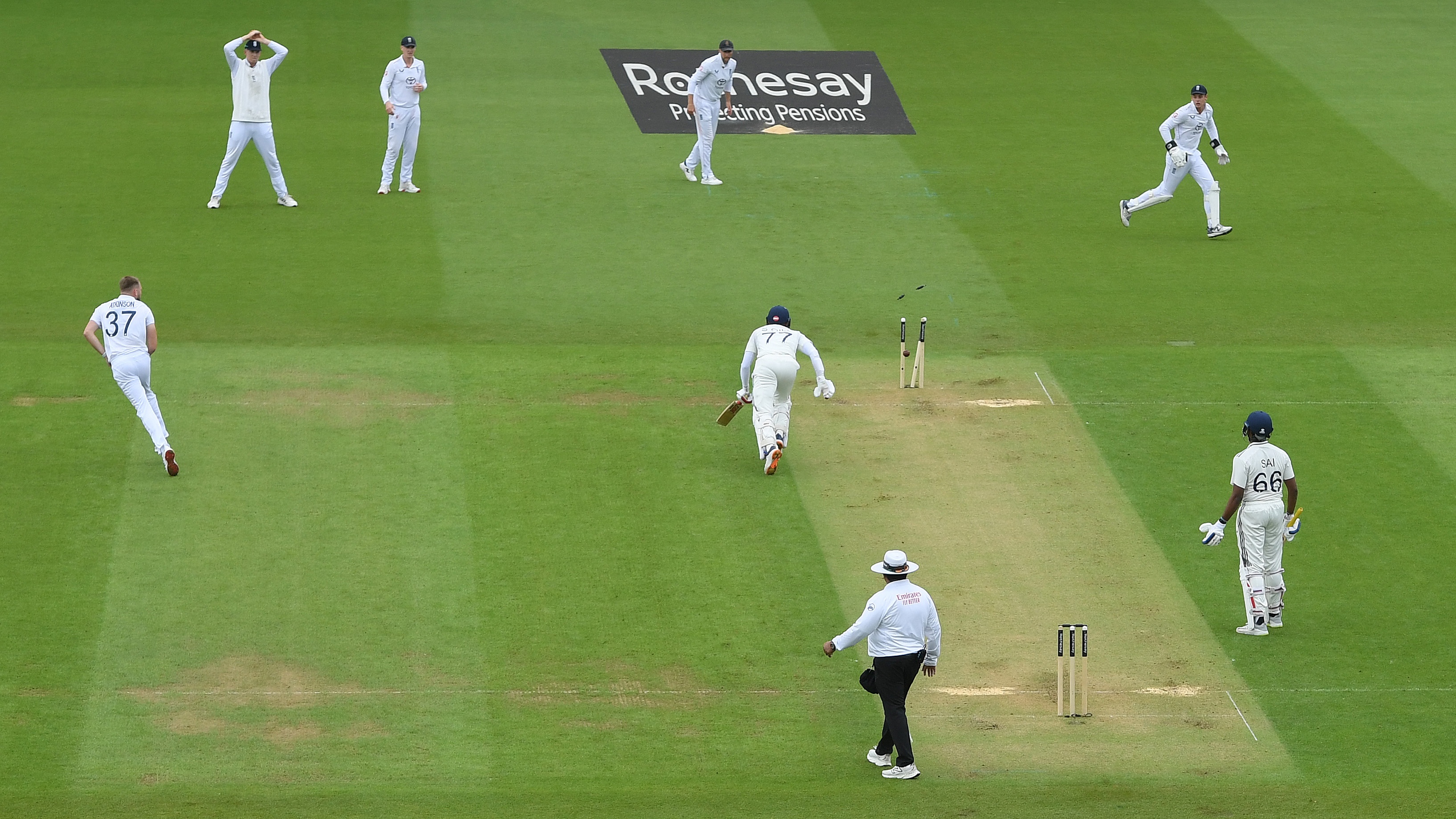 Shubman Gill of India is run out by a direct throw from Gus Atkinson of England (L) during Day One of the 5th Rothesay Test Match between England and India at The Kia Oval on July 31, 2025 in London, England. 
