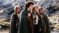 (From left) Dominic Monaghan as Merry, Elijah Wood as Frodo, Billy Boyd as Pippin, and Sean Astin as Sam in a scene from the film The Lord of the Rings: The Fellowship of the Ring (2001).