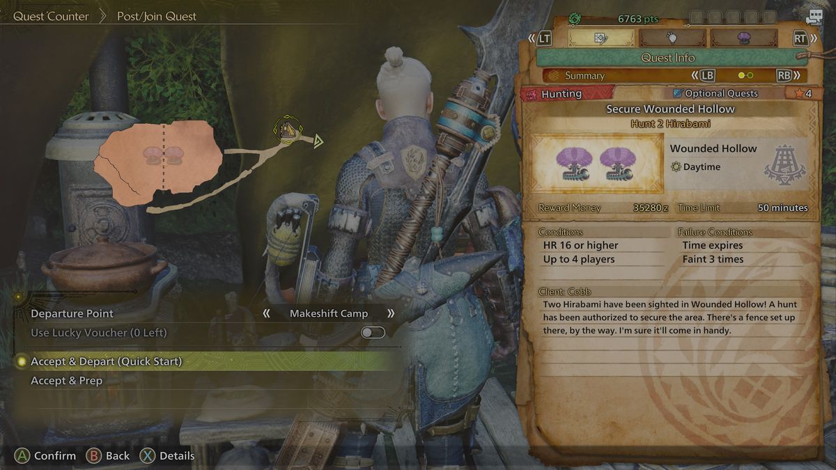 Monster Hunter Wilds - The Secure Wounded Hollow quest overview page.