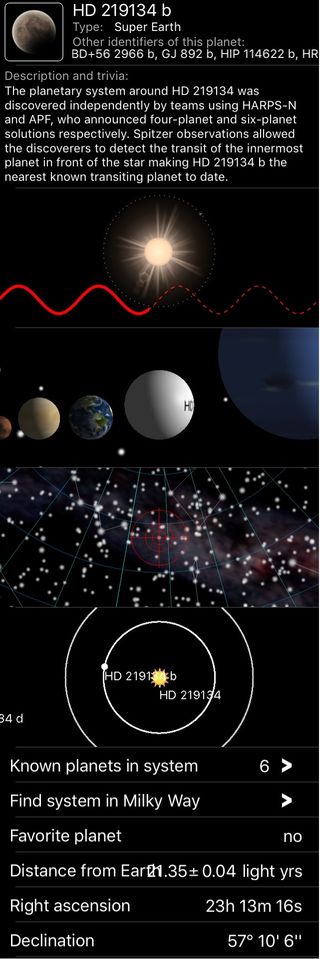 After the user selects an exoplanet from an extensive database, the Exoplanet app for iOS displays discovery data, system parameters, options to bring up animated discovery method and planet-size comparison graphics, a sky chart for your location, a top-down orbit diagram and more. The app stays updated with the latest discoveries.