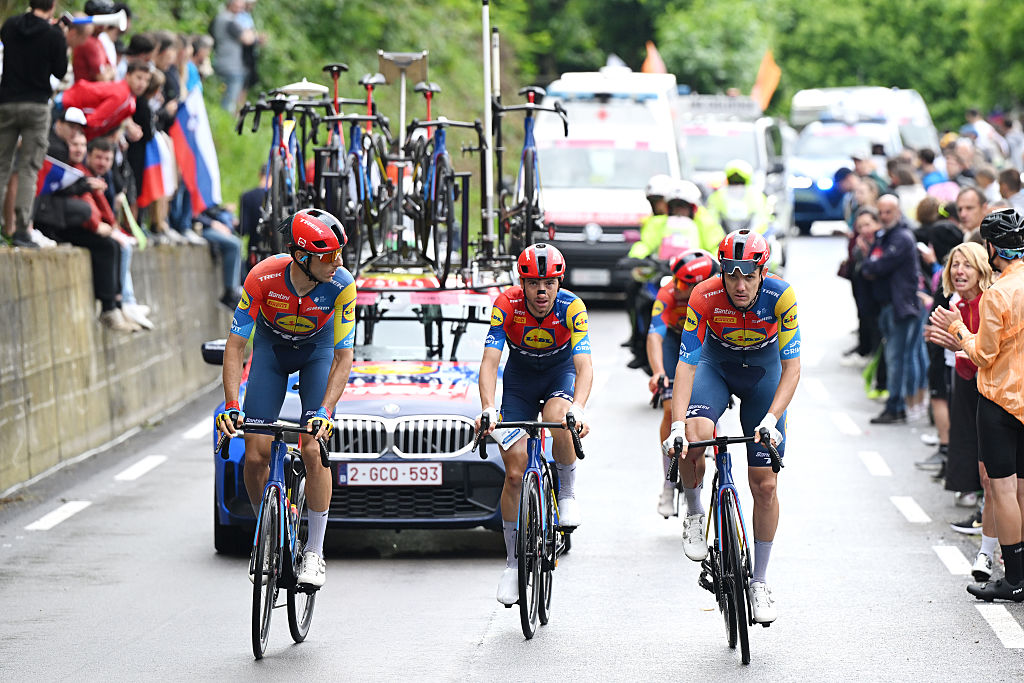 NOVA GORICA ITALY MAY 24 Giulio Ciccone of Italy and Team Lidl Trek C dropped from the peloton helped by his teammates during the 108th Giro dItalia 2025 Stage 14 a 195km stage from Treviso to Nova Gorica UCIWT on May 24 2025 in Nova Gorica Italy Photo by Dario BelingheriGetty Images