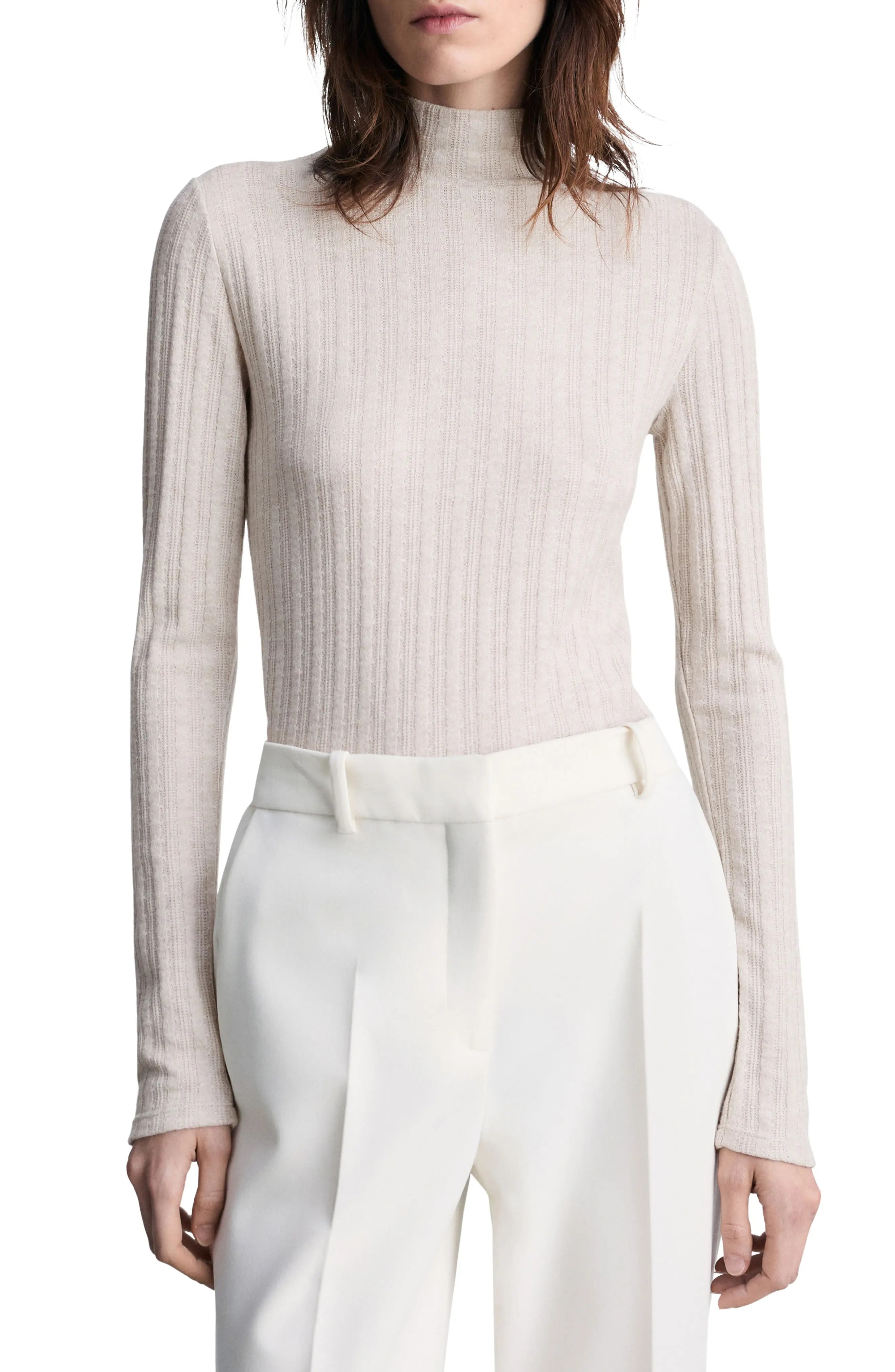 MANGO, Mock Neck Long Sleeve Rib Top