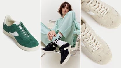 three pairs of M&amp;S trainers, one pair shown on model 