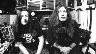 Testament’s Eric Peterson and Chuck Billy posing for a photograph in the late 90s