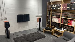 Winnersh test rooms showing speakers, turntable and books