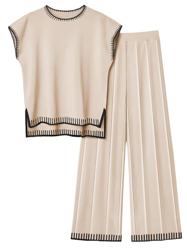 Ekouaer Womens Matching Sets Knit Sweater Sets 2 Pieces Outfits Pullover Tops Wide Legs Pants Lounge Set Beige