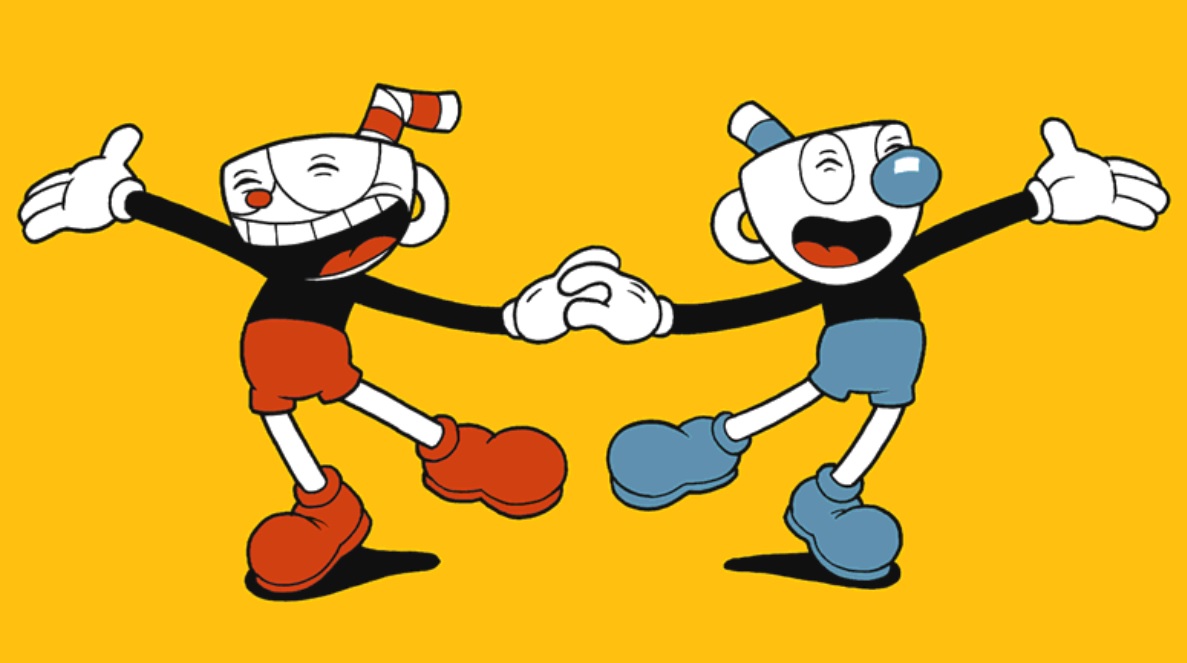 Best co-op games - Cuphead concept art of a red cuphead and blue cuphead holding hands
