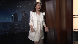 selena gomez in a white minidress on jimmy kimmel live in january 2025