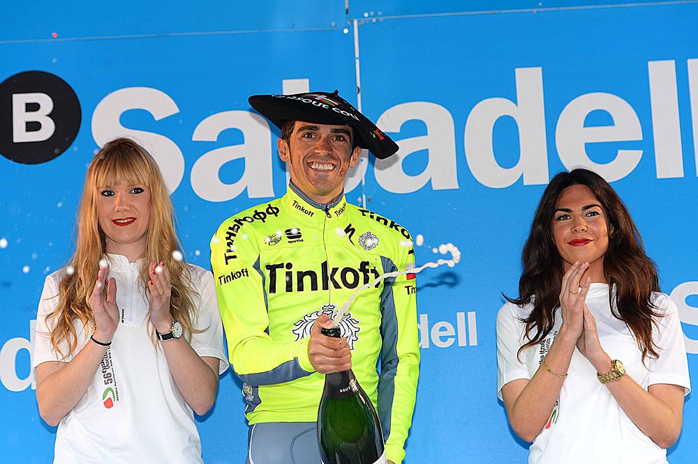 Alberto Contador (Tinkoff) celebrates his overall win at Pais Vasco on the podium