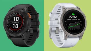Garmin Fenix 7 Pro and Garmin Epix Pro watches on green background