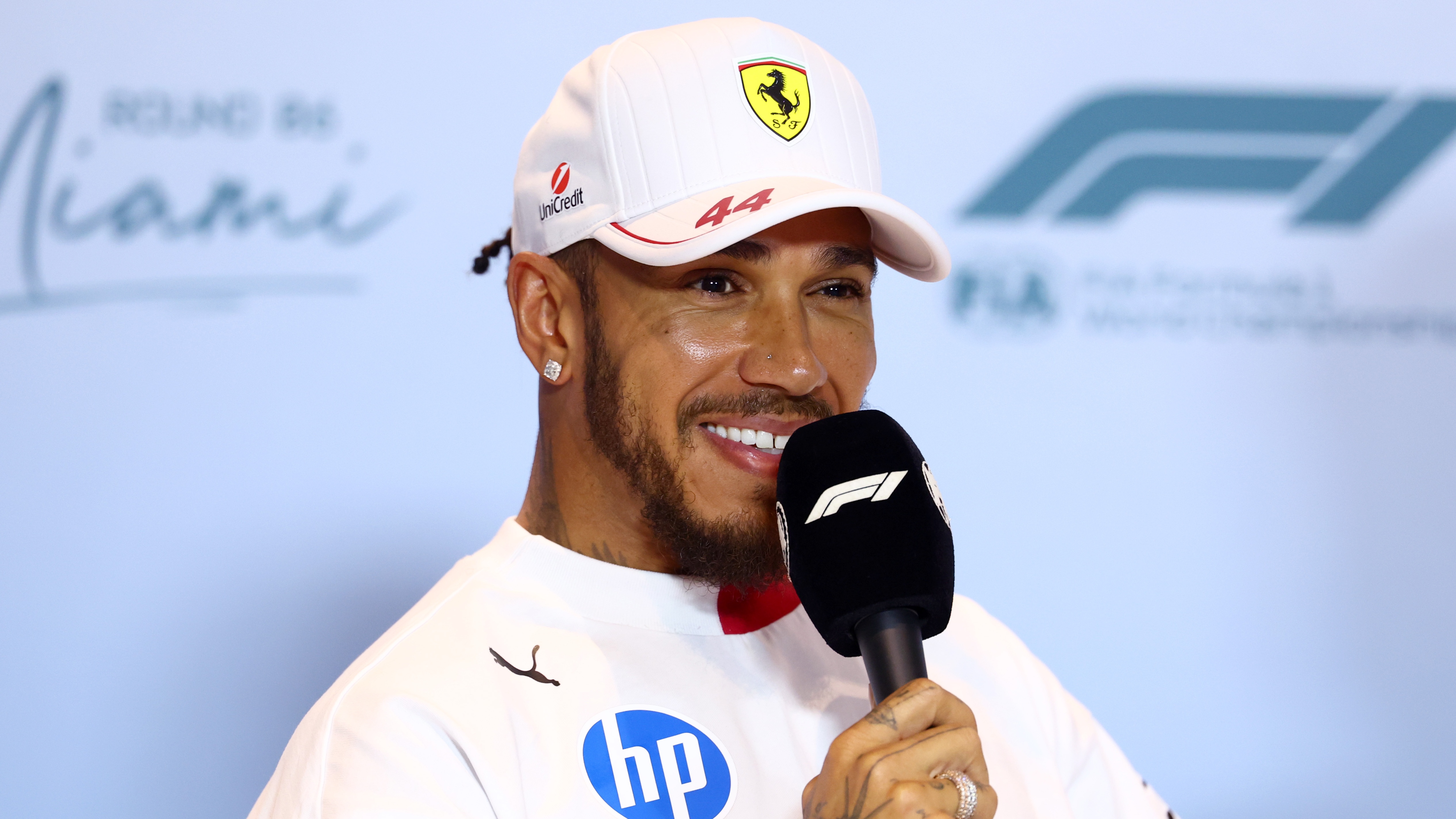 Lewis Hamilton speaking to the press at the Miami GP.