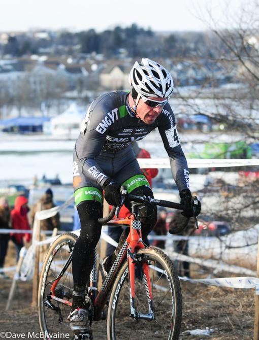 Jonathan Page (ENVGT/ Planet Bike) heading out on his last lap with a 12 second lead over Zach McDonald (Rapha Focus)