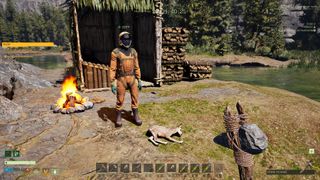 Icarus - a player in a space suit stands outside a wood shack with a baby deer