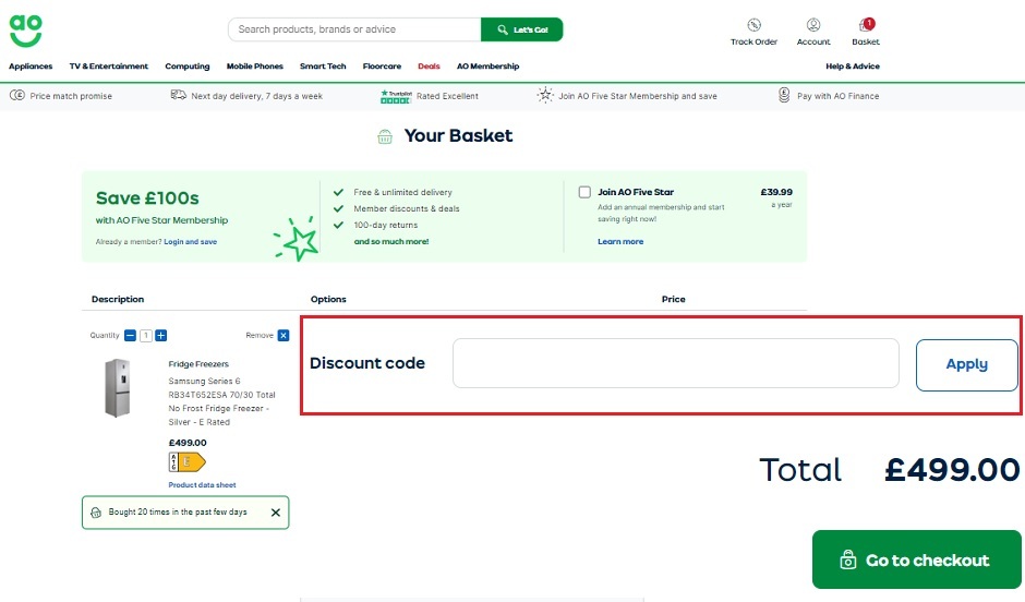 ao discount code place to put the code circled