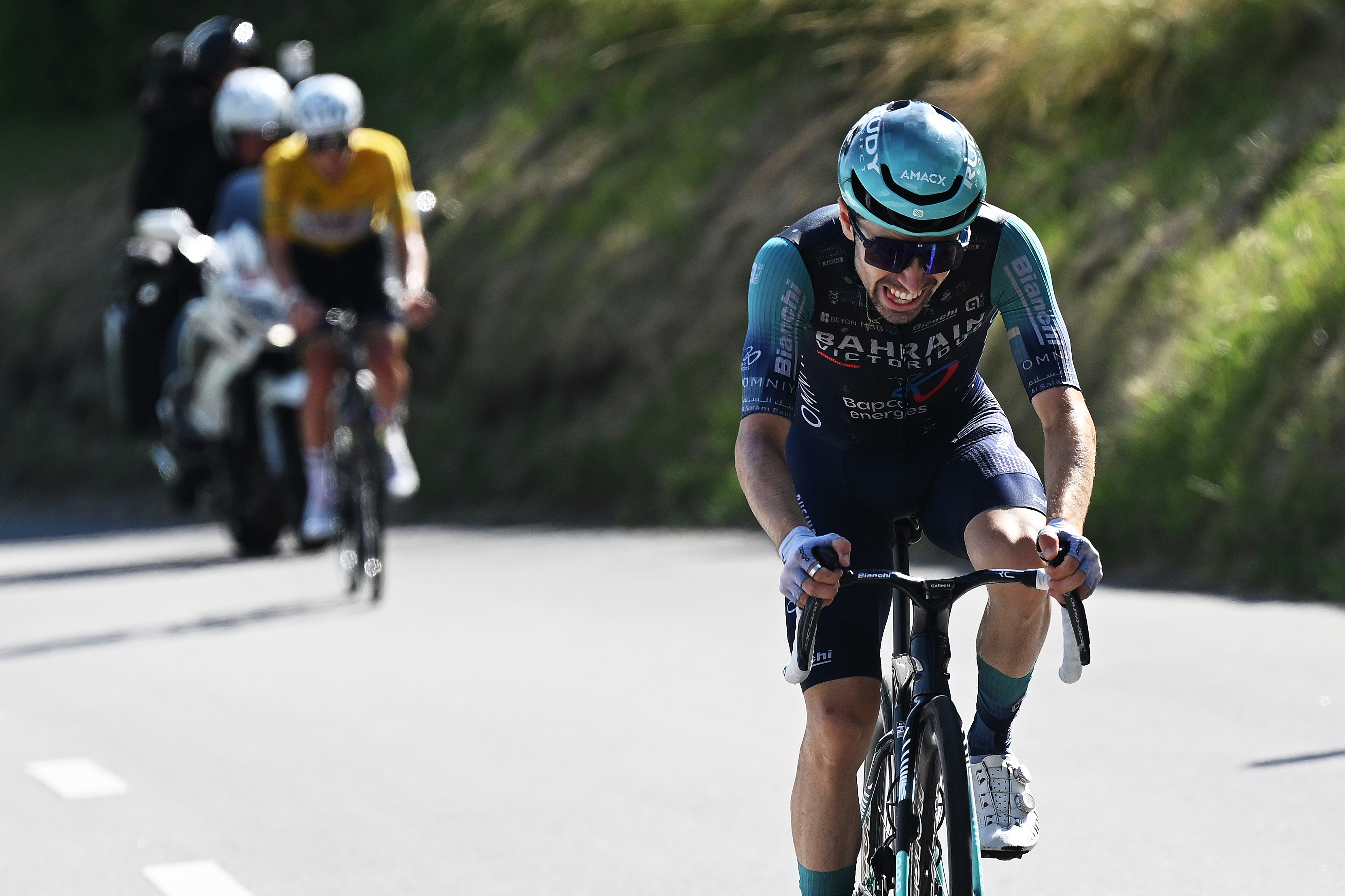 VILLARS-SUR-OLLON, SWITZERLAND - JUNE 21: (L-R) Tadej Pogacar of Slovenia and UAE Team Emirates - XRG - Yellow Leader Jersey and Lenny Martinez of France and Team Bahrain - Victorious competes during the 89th Tour de Suisse 2026, Stage 5 a 150.7km stage from Villars-sur-Ollon to Villars-sur-Ollon 1249m / #UCIWT / on June 21, 2026 in Villars-sur-Ollon, Switzerland. (Photo by Tim de Waele/Getty Images)