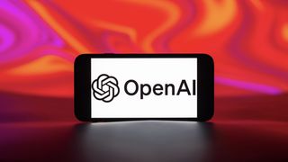 Mobile phone displaying OpenAI logo with vibrant red background