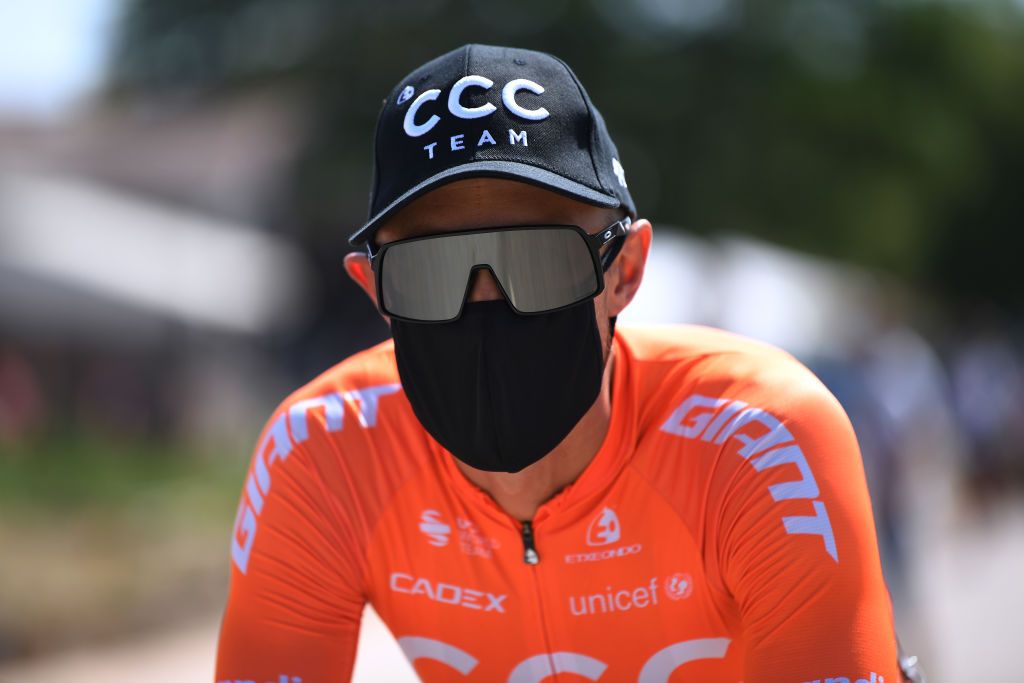 ESPINOSA DE LOS MONTEROS SPAIN JULY 30 Start Matteo Trentin of Italy and CCC Team Sargentes de la Lora Village during the 42nd Vuelta a Burgos 2020 Stage 3 a 150km stage from Sargentes de la Lora to Espinosa de los Monteros Picn Blanco 1486m VueltaBurgos on July 30 2020 in Espinosa de Los Monteros Spain Photo by David RamosGetty Images