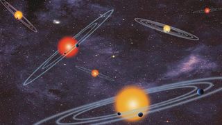 An illustration of various star systems swirling through space, each with multiple planets