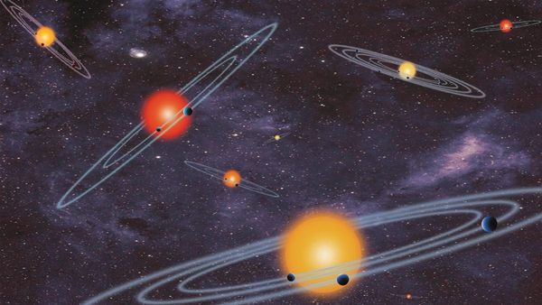 An illustration of various star systems swirling through space, each with multiple planets