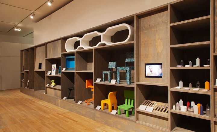 Grey-stained plywood display system at the London&#039;s Design Museum