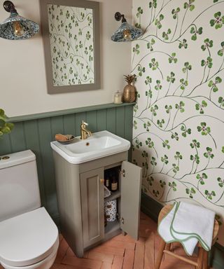 A small bathroom with botanical wallpaper, sage green wainscoting, and a vintage-inspired vanity sink with brass fixtures