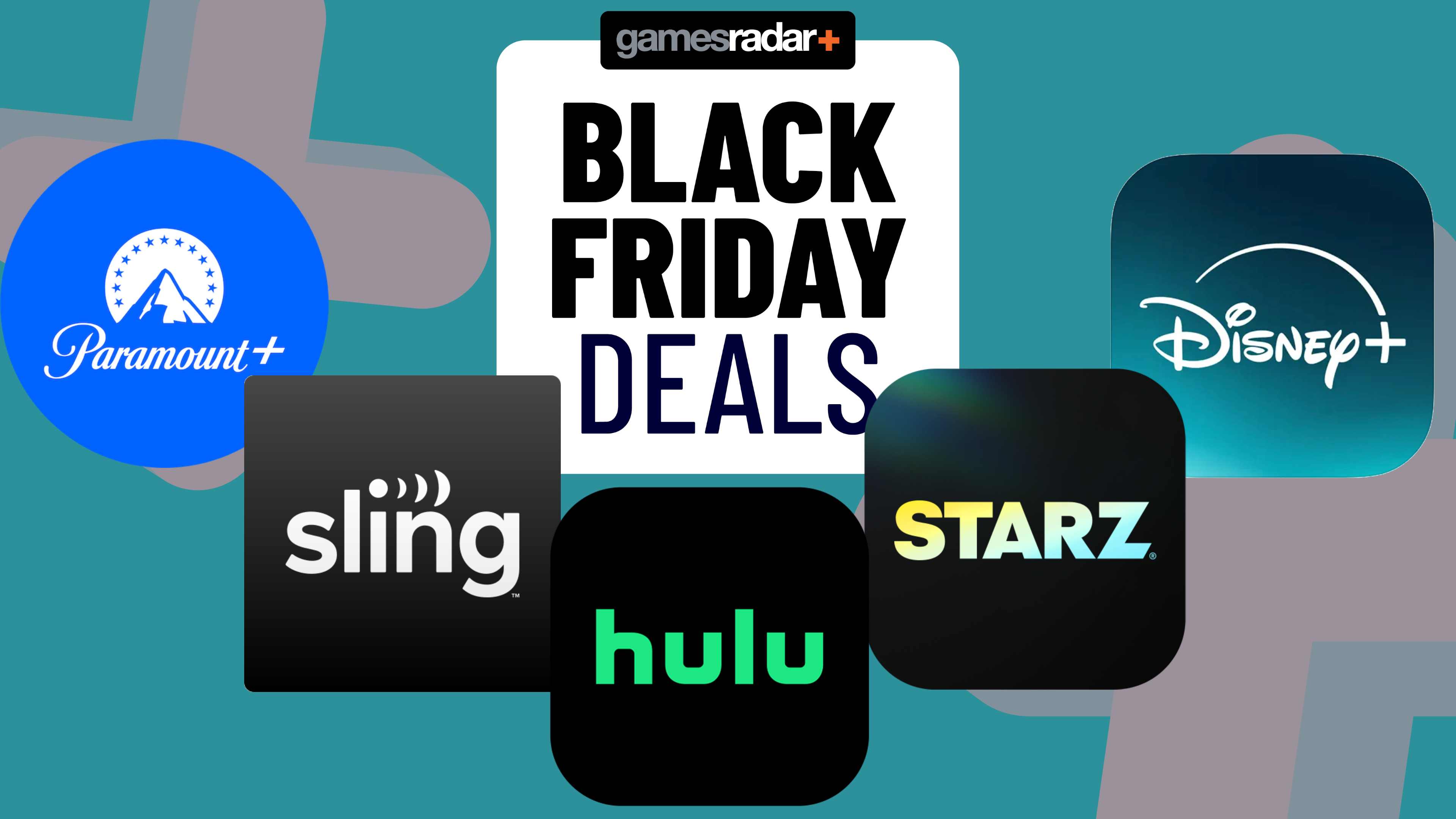 The text 'Black Friday deals' above the logos for Paramount Plus, Sling TV, Hulu, Starz and Disney Plus.