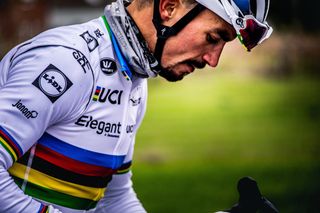 Julian Alaphilippe sports new Belgian WorldTour team's one-off jerseys to promote main sponsor Deceuninck's new range of windows, Elegant