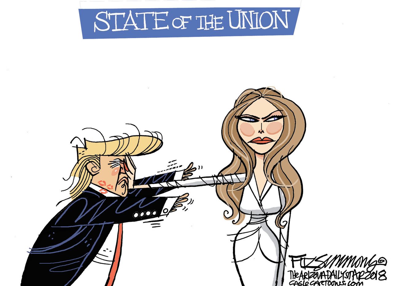 Political cartoon U.S. Trump State of the Union Melania affair allegations