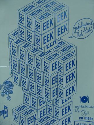 Poster in pale blue with a person constructed from blocks which have the words "Piet", "Hein", and "Eek" on the cube faces